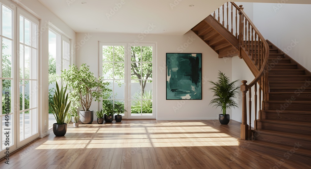Fototapeta premium Bright and empty modern house interior with a large window