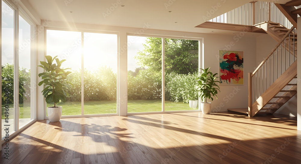 Fototapeta premium Bright and empty modern house interior with a large window