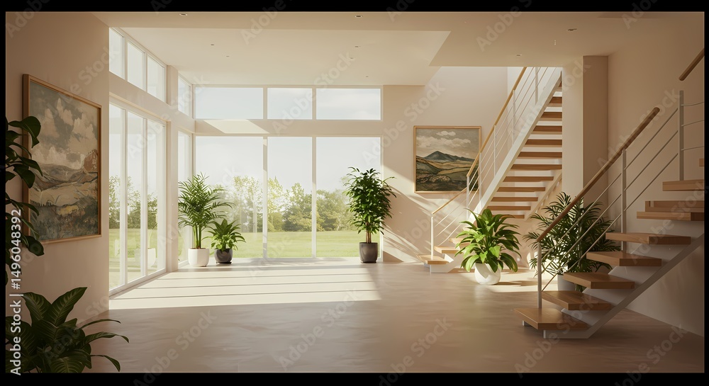 Fototapeta premium Bright and empty modern house interior with a large window