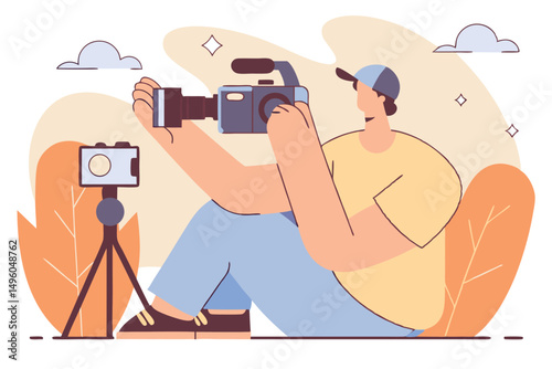 Filmmaker shooting video with a dslr camera, minimalist vector art in vibrant colors for media, advertising, and tech projects