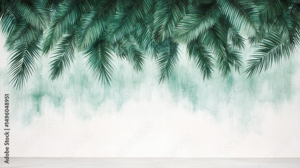 Naklejka premium Lush tropical palm leaves cascading over a pale background.