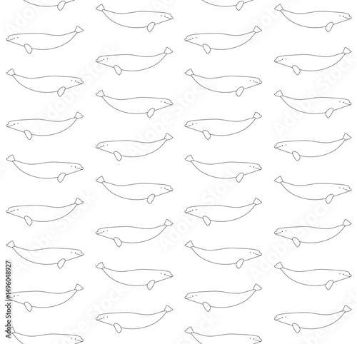 Vector seamless pattern of flat hand drawn outline beluga whale isolated on white background
