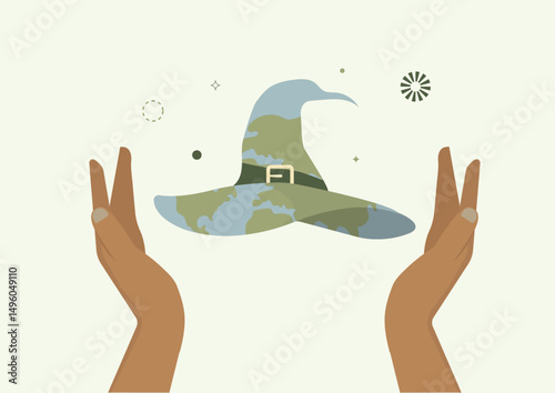 Magical Hands Presenting Earth-Toned Witch Hat Illustration. Eco-friendly Halloween concept. Flat style. Vector illustration
