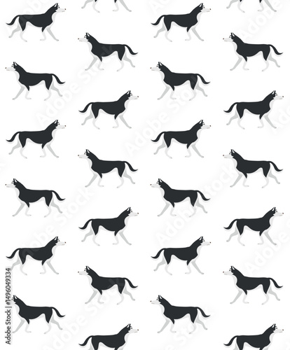 Vector seamless pattern of flat hand drawn husky dog isolated on white background