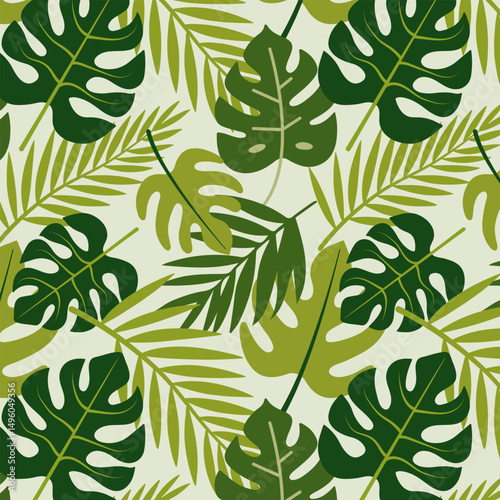 Seamless tropical pattern with green monstera and palm leaves. Trendy botanical design for summer textile, wallpaper, packaging, eco branding, and interior decor.