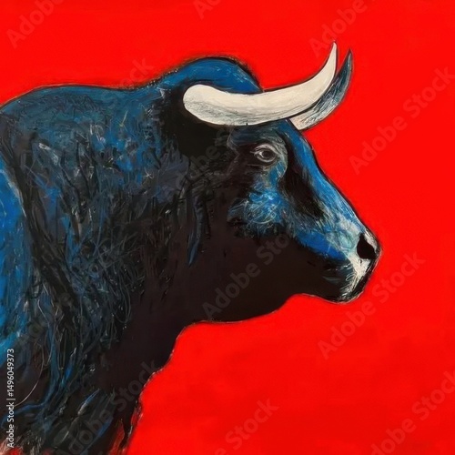 Blue Bull on Red Background: Artistic Animal Portrait