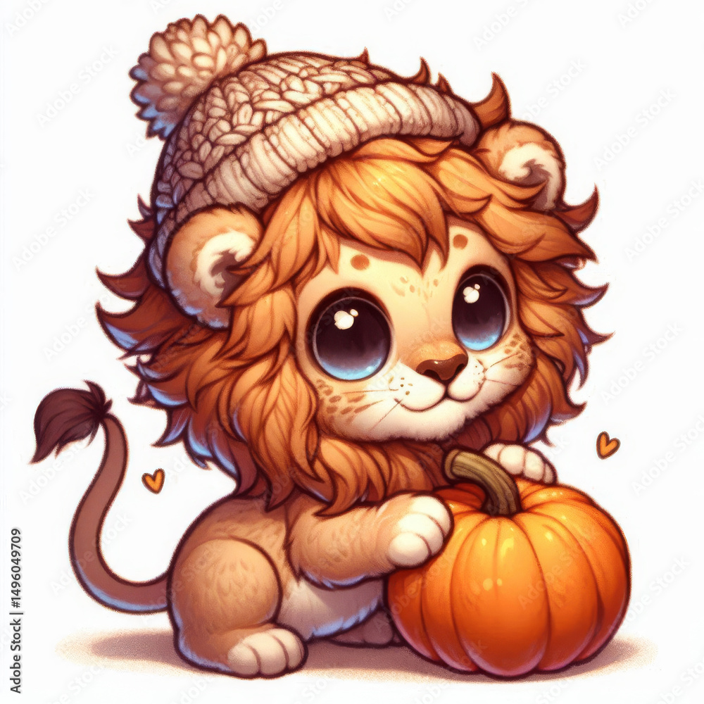 Naklejka premium Adorable chibi lion wearing a cozy beanie, happily holding a pumpkin in an autumn setting