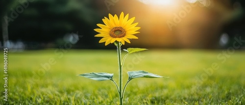 A sunflower in full bloom, with its vibrant yellow petals and dark brown center, stands tall in a lush green field.
