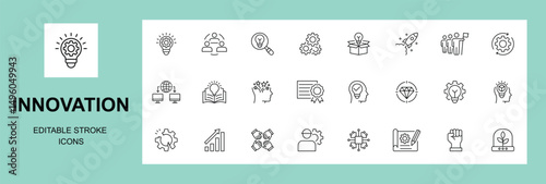 Set of innovation related line icons. Creativity, idea, invention etc. Editable stroke.