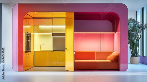 Bright modular flat with disappearing cabinetry and layered elements