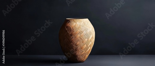 A tall, slender vase with a textured surface and a narrow neck stands against a dark background. photo