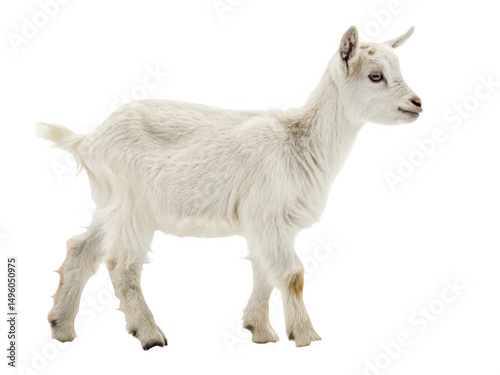 A small white goat standing isolated on transparent background