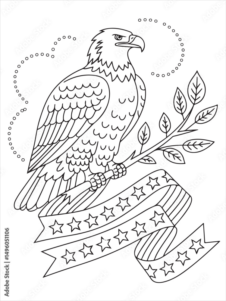 Obraz premium Cheerful Bald Eagle Holding Ribbon with Stars and Stripes Coloring Page