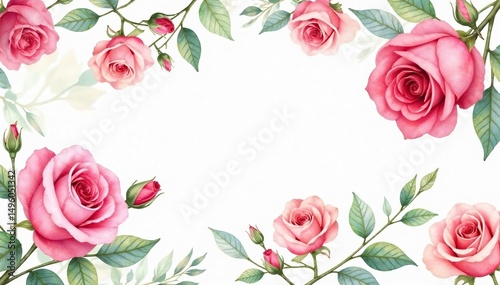Delicate watercolor roses & leaves, repeating pattern, botanical, pink, texture