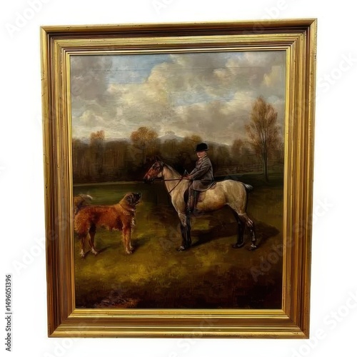 19th Century Equestrian Painting: Rider, Dog, Landscape