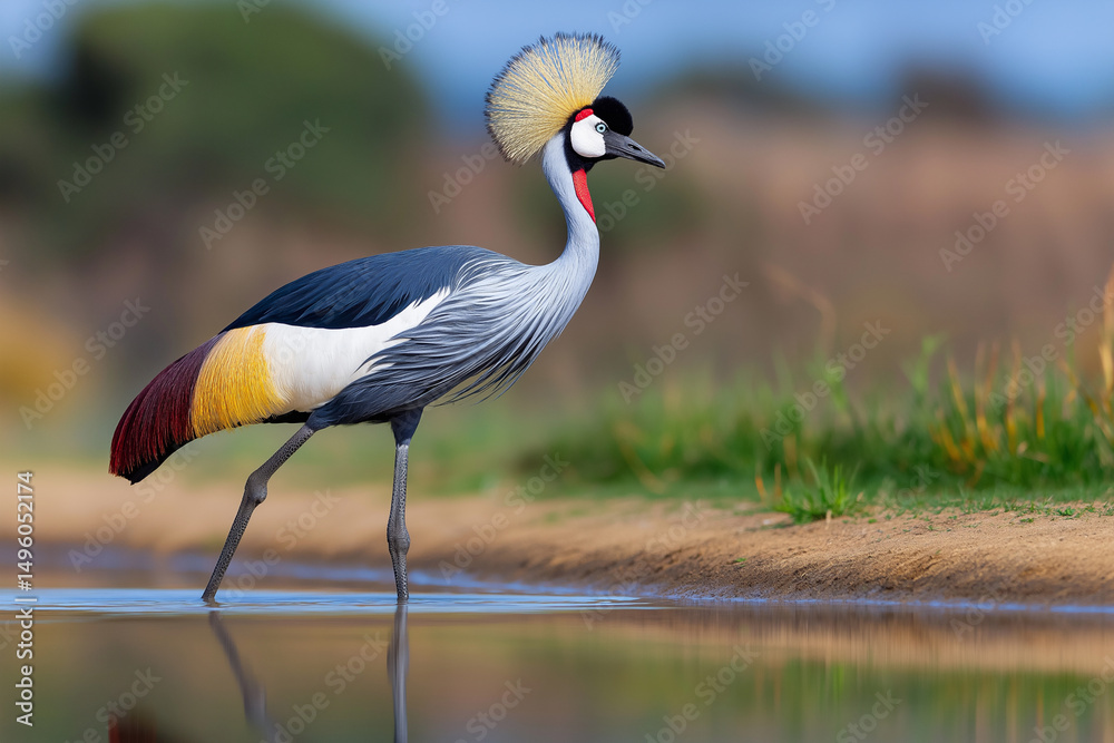 Fototapeta premium Crowned Crane Walking Gracefully Along a Serene Water Edge in a Vibrant Natural Habitat During Daylight Hours