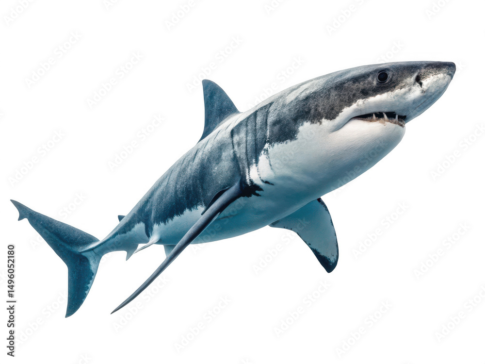 Fototapeta premium A great white shark swims isolated on transparent background