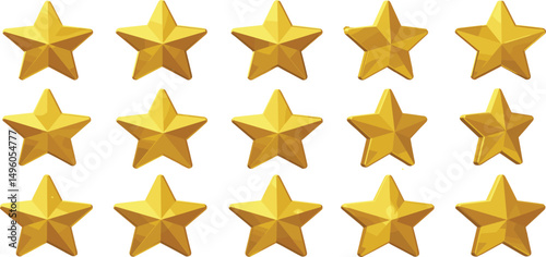 3d golden star animation set. Rotation of gold glossy cartoon game element.