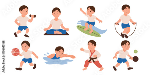 Kids Sports Vector Collection. Active Boy Doing Kids Sports Activities - Swimming, Basketball, Martial Arts, Yoga. Kids Sports Vector Set for Healthy Lifestyle, Exercise, Childhood, Physical Education