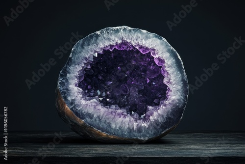 A mesmerizing amethyst geode, showcasing its vibrant purple crystals and intricate formations. photo