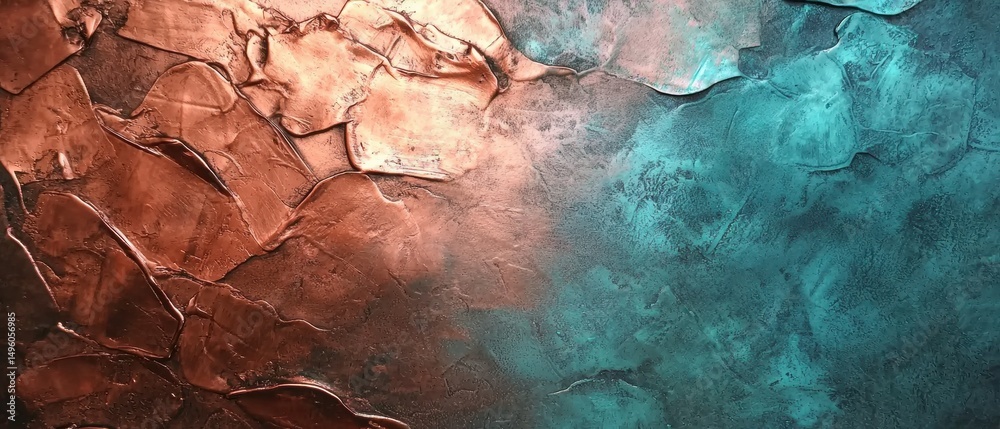 Fototapeta premium A textured abstract painting with a gradient of copper and turquoise colors.