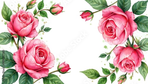 Intricate watercolor roses, lush leaves, swirling vines, pink, vintage, blossom