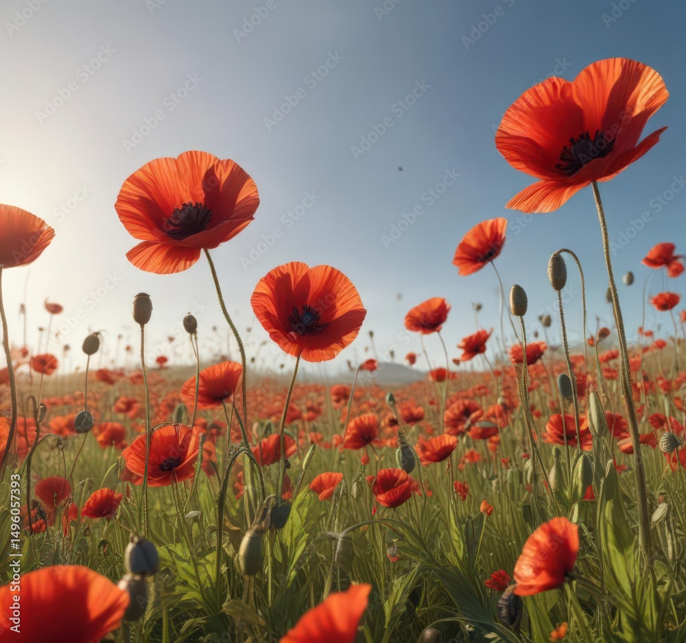 Obraz premium A field of scarlet poppies swaying gently in the summer breeze , closeup, vibrant