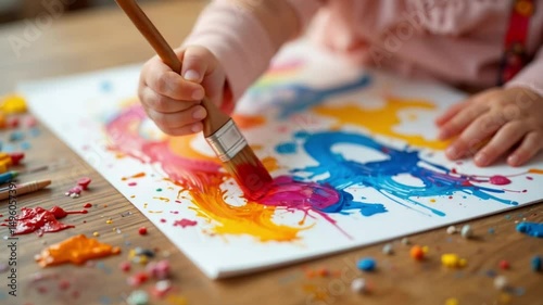 A toddler holding paintbrush and paints with bright colors on paper at a table