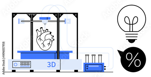 3D printer creating realistic heart model, surrounded by lightbulb and percentage icons. Ideal for technology, healthcare, science, medicine, innovation, research, education flat simple metaphor