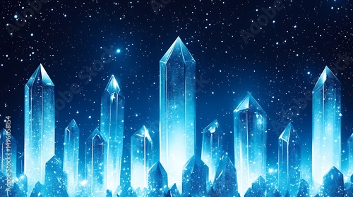 Glowing Blue Crystals Night Sky.