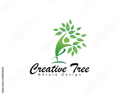 tree creative people logo design concept yoga healthy leave herbal psychology health mind