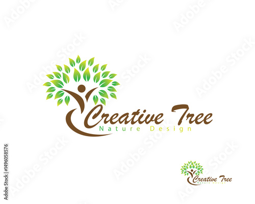 tree creative people logo design concept yoga healthy leave herbal psychology health mind