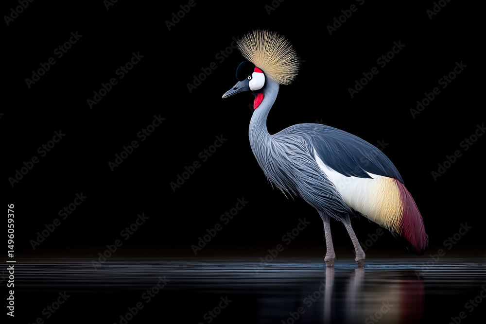 Fototapeta premium Crowned Crane Stands Elegantly in Soft Light on Calm Water at Dusk in a Serene Natural Habitat