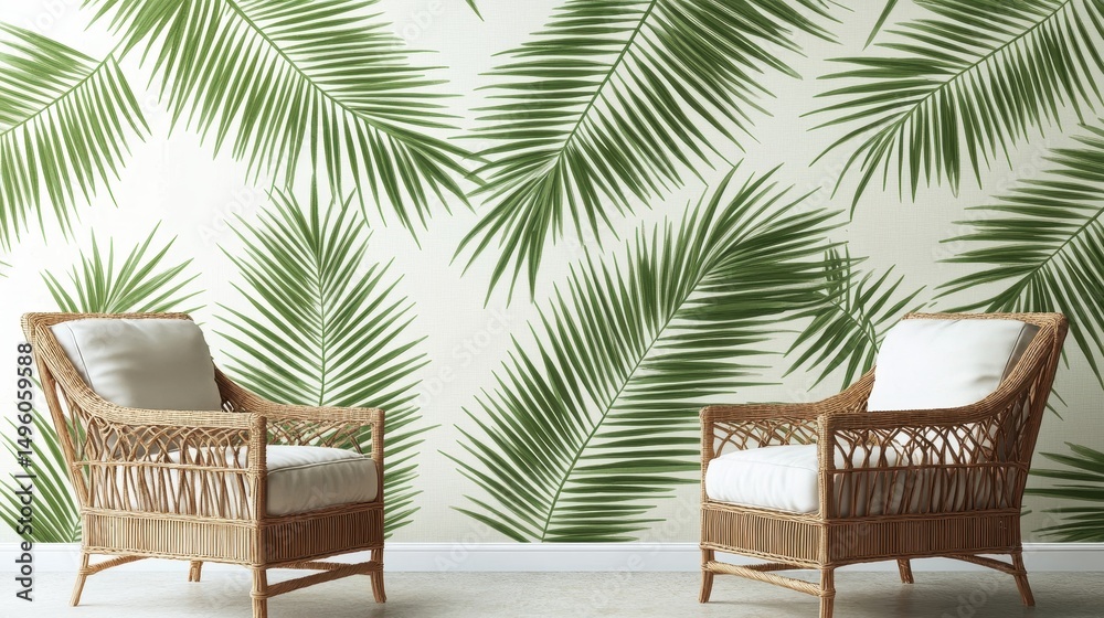 Fototapeta premium Tropical palm leaf design on a pale cream backdrop.