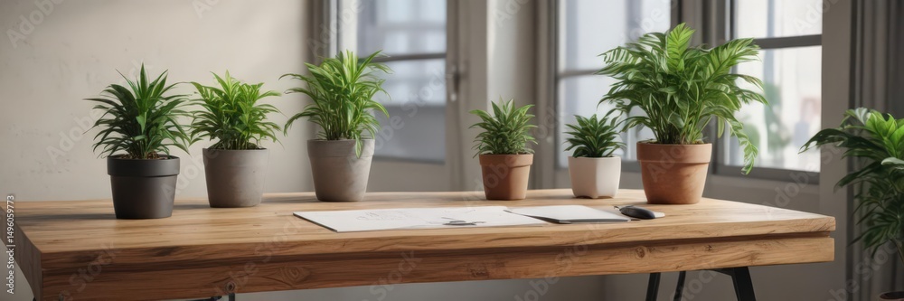 Fototapeta premium Modern wooden desk with potted plants, minimalist office setting, contemporary, clean