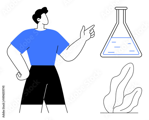 Person gesturing towards a beaker with liquid and organic plant elements. Ideal for science, innovation, research, education, laboratory, creativity, experiment themes, simple landing page
