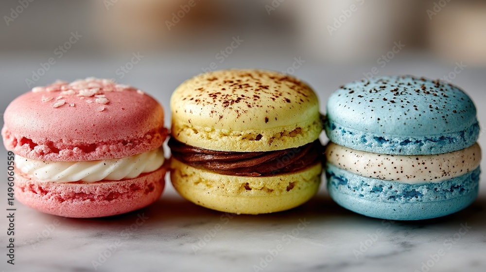 Obraz premium Three macaroons sit together on a marble countertop