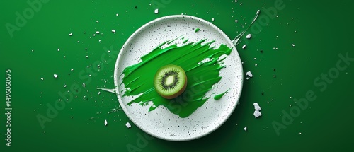 A white plate with a green fruit and paint splatters on a green background.