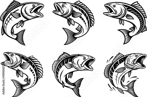 Collection of six monochrome fish illustrations in various jumping poses on a white background
