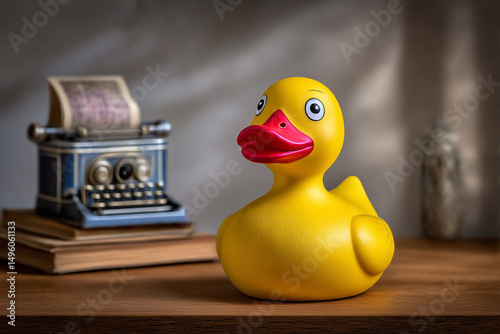 Journalists Engage in a Playful Interview With a Rubber Duck in a Cozy, Vintage Setting