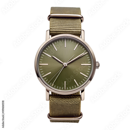 Olive green fabric strap watch front view on transparent background