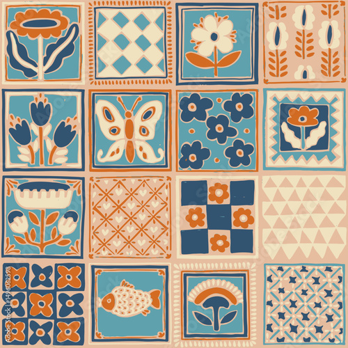 Colorful vector seamless pattern inspired by vintage ceramic tiles with floral and geometric motifs. Vector illustration.