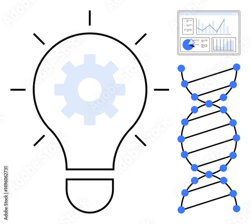 Light bulb with gear symbolizing innovation, DNA strand for genetics, and analytical chart for data. Ideal for science, tech, innovation, data analysis, education, research simple landing page