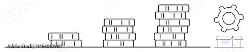 Gradual coin stacks increase near gear and small box symbolizing financial growth. Ideal for finance, savings, investment, business operations, logistics, progress, and strategy. Flat simple metaphor