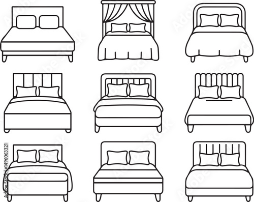 Vector art of Collection of various bed designs in simple line art, furniture or interior design concepts isolated on white background