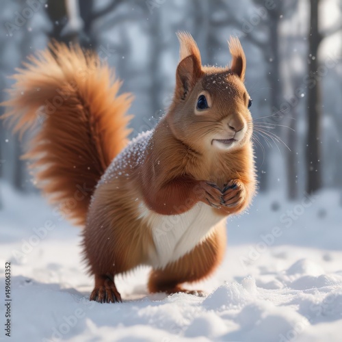 Fluffy red squirrel leaps through snowy scene, nuts, mammal