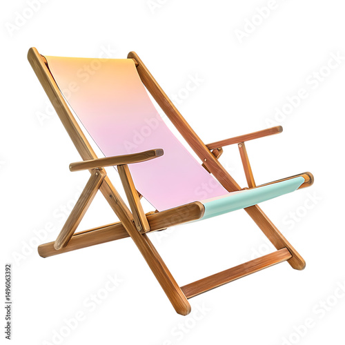 Elegant Minimalist Wooden Beach Chair with a Refined Pink and Blue Seat Isolated on Transparent Background