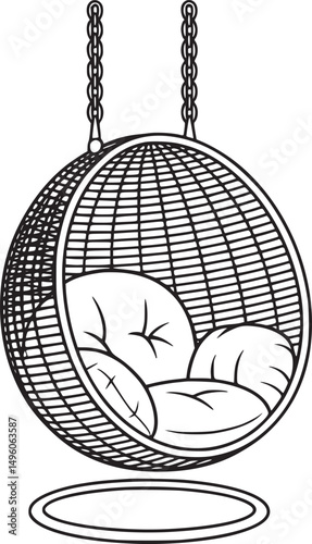 Vector art of Hanging egg chair with cushions isolated on transparent background, a modern and comfortable furniture piece for relaxation and stylish interior design