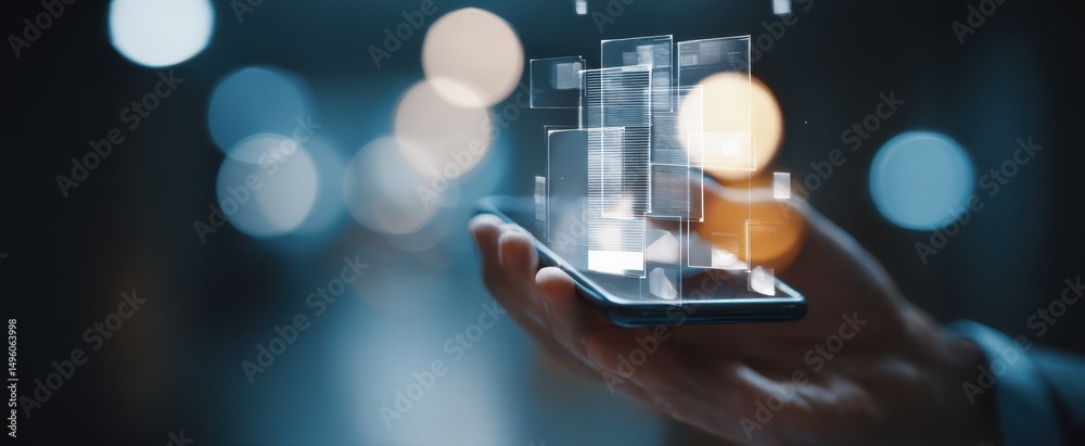 The smartphone showcasing a futuristic hologram interface in a digital landscape. The smartphone showcasing a futuristic hologram interface in a digital landscape.