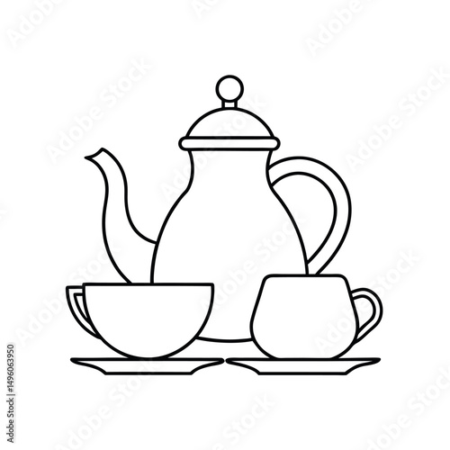 Tea Set Outline Line Art Vector Drawing